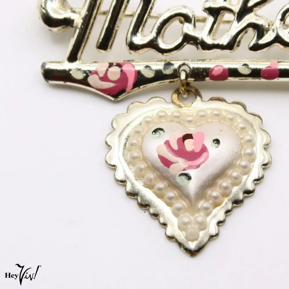 Vintage Mother Script Pin w Dangling Heart Charm Hand Painted Flowers - Hey Viv